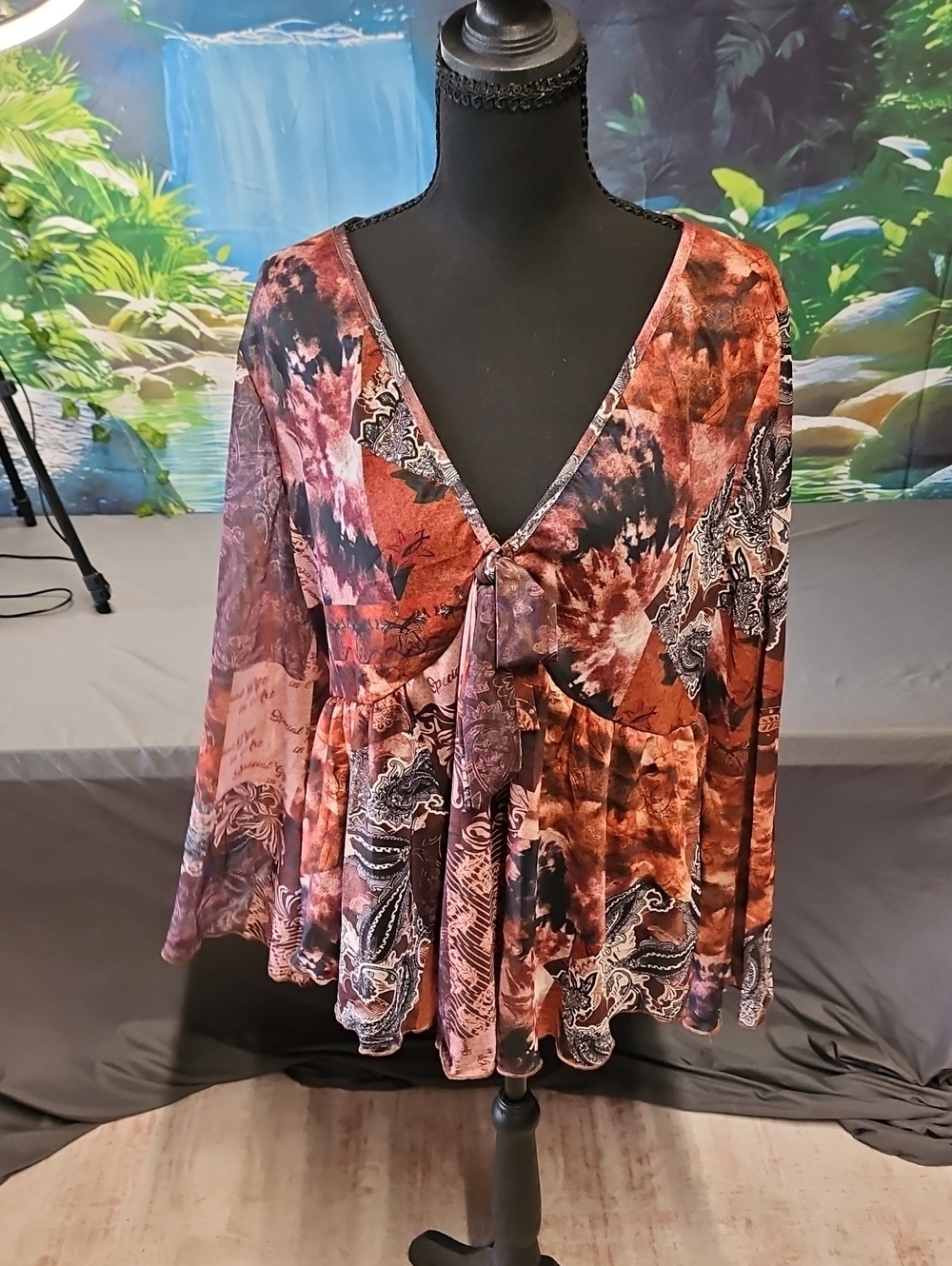 SHEIN Rust and Mauve Floral Tie-Front Tunic